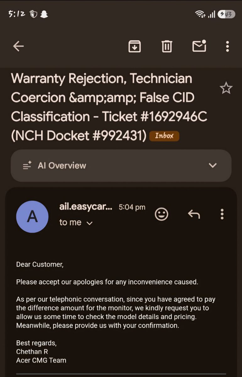 RahullxRaii's tweet photo. @Acer_India @AcerIndia This handling of Ticket #1692946C is unacceptable. First, your team said the monitor could be replaced after paying the price difference. Now you’re calling the same issue “physical damage” and chargeable. Which is it? Please give an explanation. NCH Docket #992431 https://t.co/9InNLBj5O1