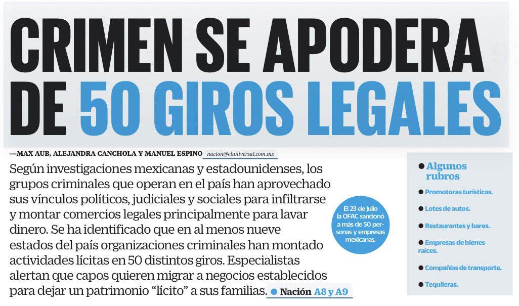 bereaguilarv's tweet photo. ¡Sopas! El crimen organizado ya no sólo controla territorios. También hace negocios.

Investigaciones de México y EU identifican 50 giros legales en 9 estados infiltrados por grupos criminales para lavar dinero.

Restaurantes, hoteles, inmobiliarias, transportes, gasolineras, tequileras…

Y lo más grave: lo hacen aprovechando vínculos políticos, judiciales y sociales.