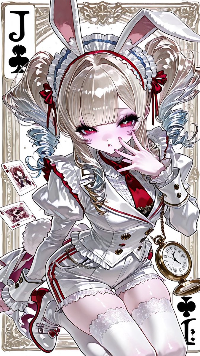 mnmn_nyank0's tweet photo. 🗝【✦⋆ プロンプト配布 ⋆✦】͛🃏

アリスのトランプカード風プロンプト!!

🩵 ♦︎A　アリス🪽
🌹♥︎⁡Ｑ　ハートの女王♥️
🐇 ♣J 　白うさぎ🕰
💜 ♠K　チェシャ猫🩷

リプに衣装・背景プロンプトつなげてます!
Ｆ内外問わず引用で見せてくれたらうれしいです💗

⚠︎︎背景はDiT.2以外難しいｶﾓ https://t.co/2j60OsYcWp