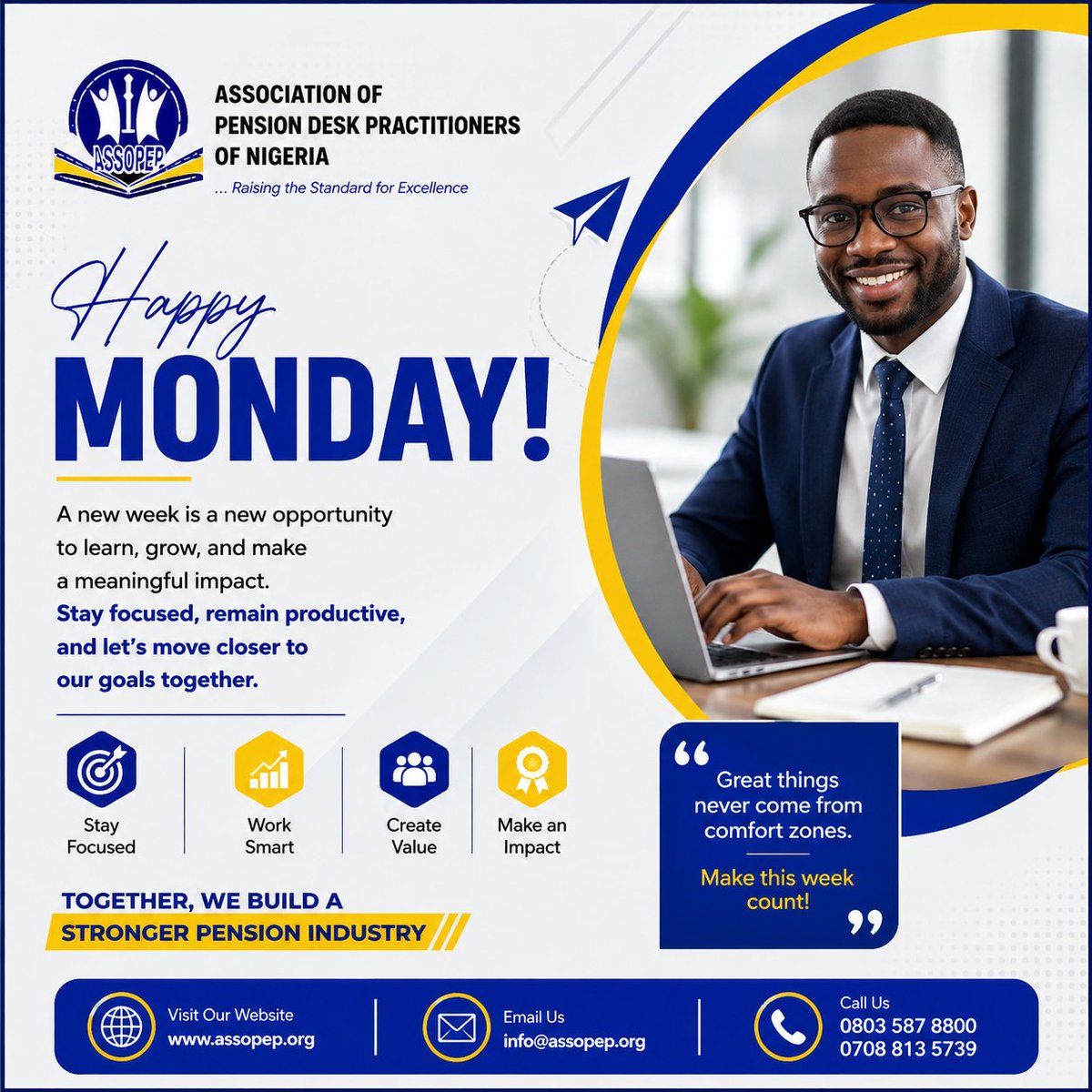 ASSOPEP1's tweet photo. *Happy Monday! 💙*

Every new week is an opportunity to learn, grow, create value, and make a meaningful impact.

Let’s stay focused, remain productive, and continue working together towards a stronger and more resilient pension industry....read more in image description... https://t.co/M1vrZOhYy4