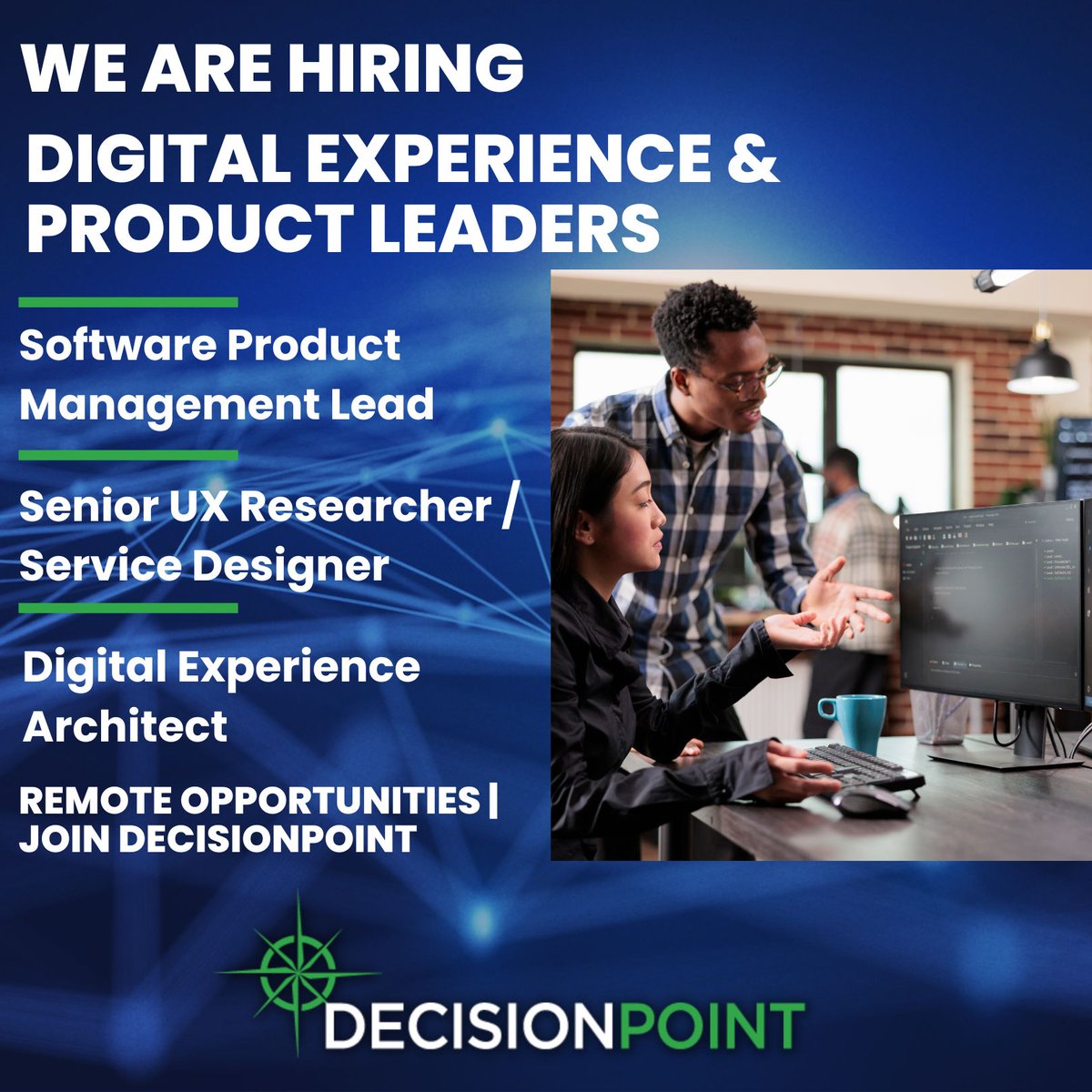 DecPtCorp's tweet photo. Join DecisionPoint in one of these remote opportunities:
🔹 E-EFMP Software Product Management Lead: https://t.co/pR9joEj4T7
🔹 Senior UX Researcher / Service Designer: https://t.co/ewykpQQRai
🔹 Digital Experience Architect; https://t.co/f7swxxHkPW https://t.co/gGJwB01iEV