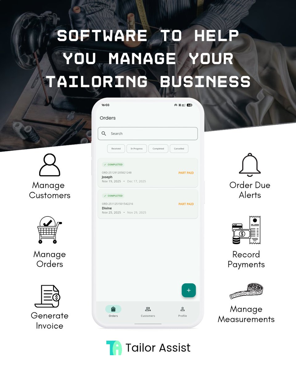 iamnomana's tweet photo. @SIKAOFFICIAL1 Tailor, be honest…

Have you forgotten a customer’s order before?

You don’t have to struggle anymore.

Meet Tailor Assist, the app made for tailors like you.
Save measurements, track orders, send invoices, received payment, manage staff etc 

Download
https://t.co/kCnClEIPSU https://t.co/VtVJ9M8956