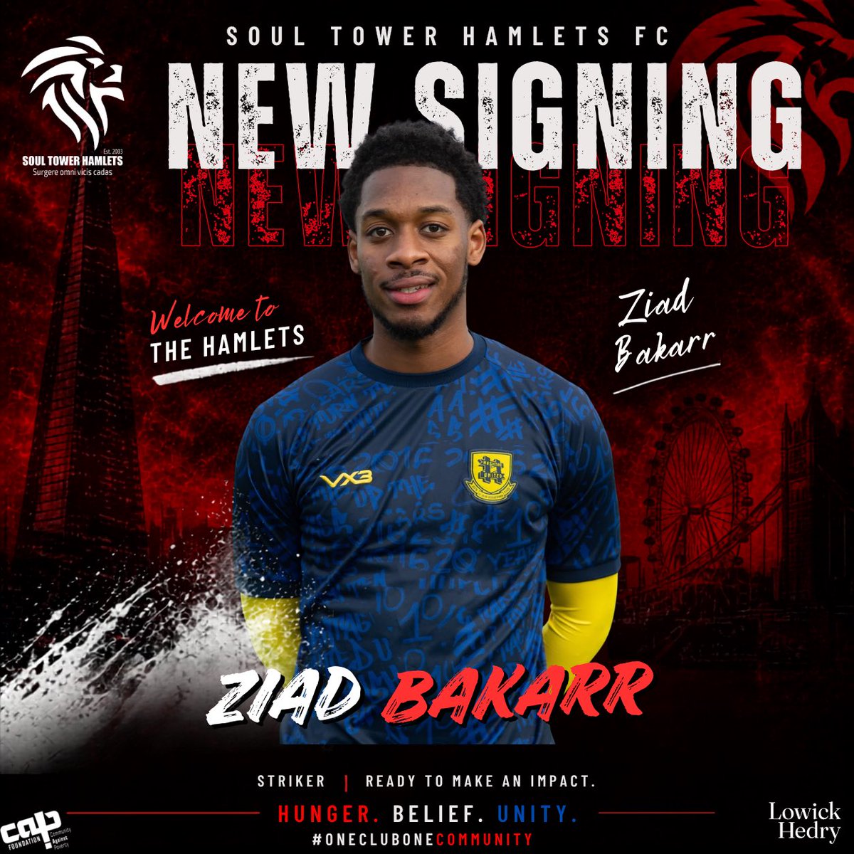 SoulTHFC's tweet photo. NEW SIGNING IS HERE ✍️

We are delighted to announce the signing of striker Ziad Bakarr! The forward joins us ready to make an immediate impact upfront.

Ziad previously played Witham Town & Hashtag United. 

Welcome to SOUL THFC, Ziad! 

#NewSigning #TheHamlets #COYS #Transfer #OneClubOneCommunity