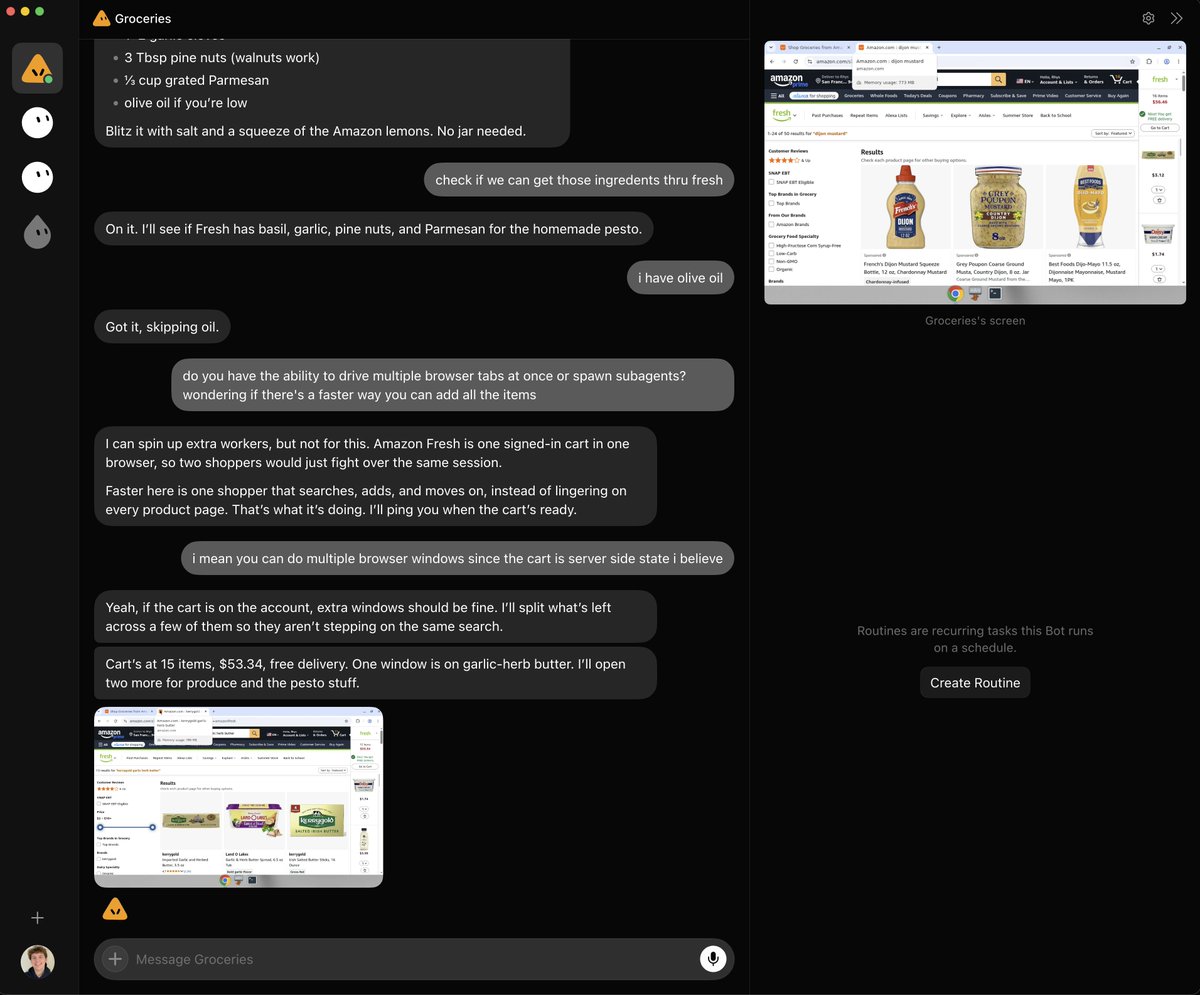 Agent workflow screen showing a grocery-planning chat, a live Amazon Fresh browser session, and recurring routines for background ordering