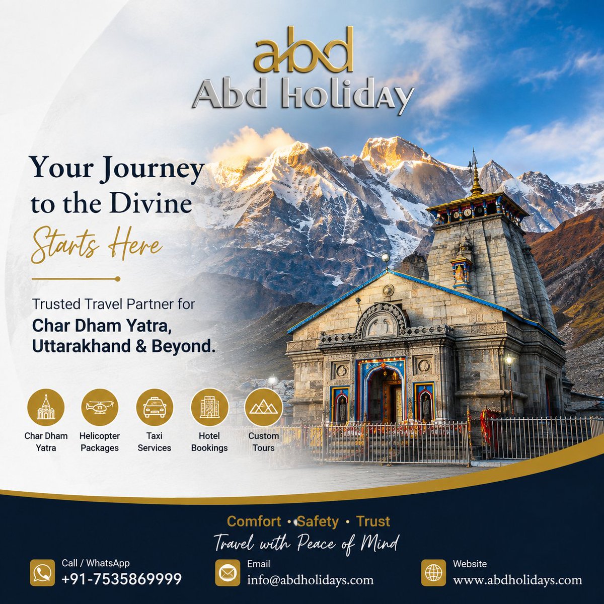abd_holidays's tweet photo. 🙏 Planning Char Dham Yatra 2027?

Begin your sacred Himalayan journey to Yamunotri, Gangotri, Kedarnath & Badrinath with ABD Holidays.

🚁 Helicopter Packages
🚗 Taxi Services
🏨 Hotel Bookings
👨‍👩‍👧 Family & Group Tours
✨ Customized Uttarakhand Trips
Comfort • Safety • Trust
📞 +91-7535869999
🌐 https://t.co/ZoE52N28tU
#CharDhamYatra2027 #Kedarnath #Badrinath #Uttarakhand #ABDHolidays