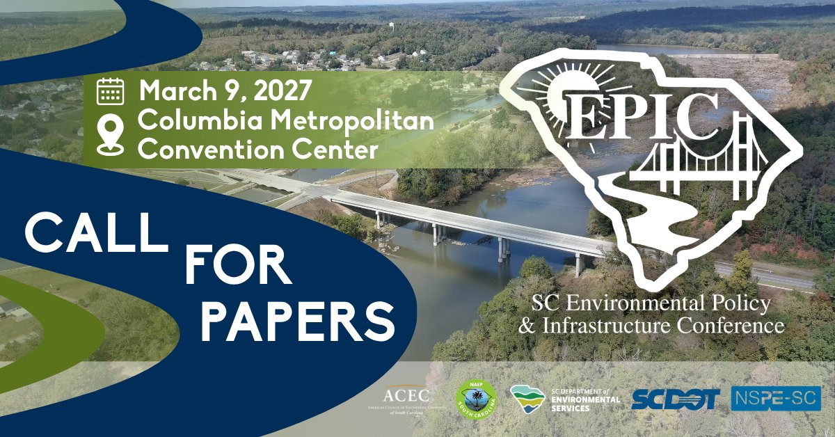 SCSPE's tweet photo. Attention Engineers! 🌿
The 2026 SC Environmental Policy & Infrastructure Conference is back and better than ever! Don't let this opportunity pass you by; sign up to present today.
🔗Sign up here: https://t.co/qQ3vDzfsr1
#2026EPIC #ACECSC #NAEP #SCDES #SCDOT #SCSPE https://t.co/ck2Q4uWX5t
