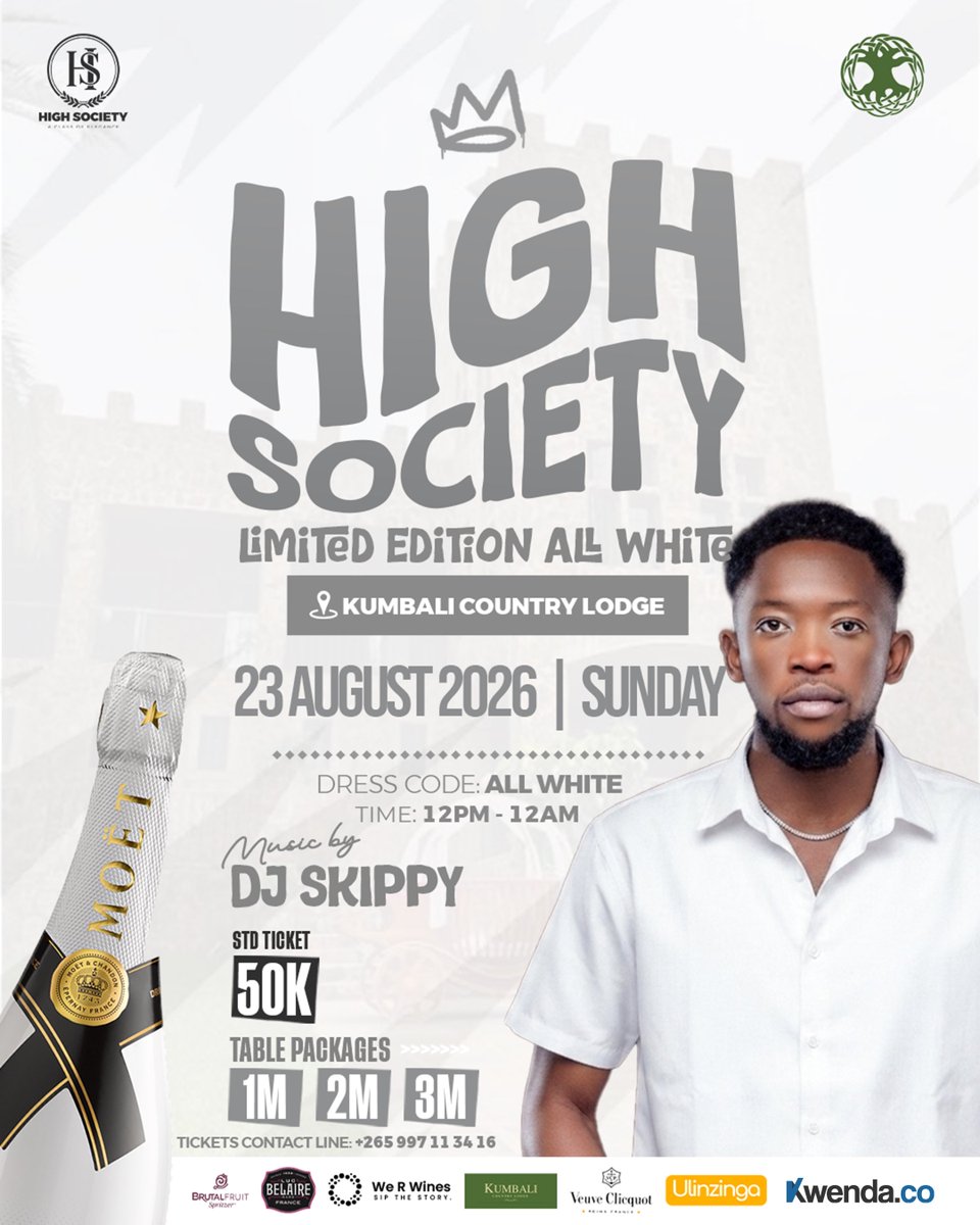 Canalmw98's tweet photo. High Society is Back with a Limited Edition All White 
🤍
this weekend, 23rd August 26🏳️
📍Kumbali Country Lodge

With a STD Ticket going at 50k❕
https://t.co/lsGEuyiLDq

#HighSociety
#LimitedEdition https://t.co/KXBSza5vME