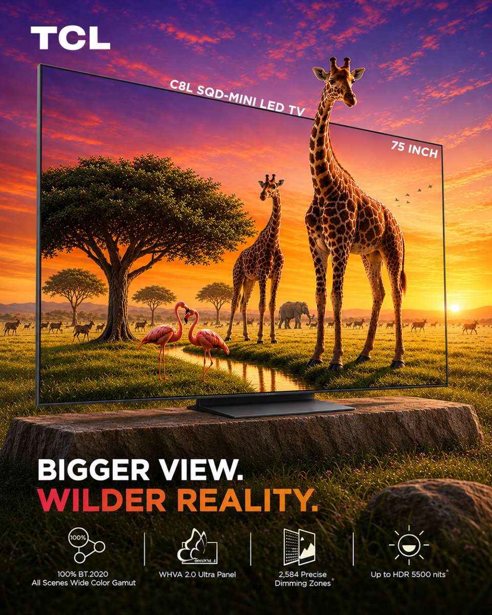 tcl_india's tweet photo. SEE THE WILD. FEEL EVERY DETAIL. 🦒✨

With the 75-inch TCL C8L SQD-Mini LED, every frame feels larger, brighter and more immersive. Because when the picture is this real, the screen is just the beginning. 🤩

Features may vary depending on the TV size*

#tclindia #MiniLED #SQDMiniLED #75InchTV  #Techtrends
 
(TCL C8L, 75-inch TV, SQD Mini LED TV, premium TV, stunning picture quality)