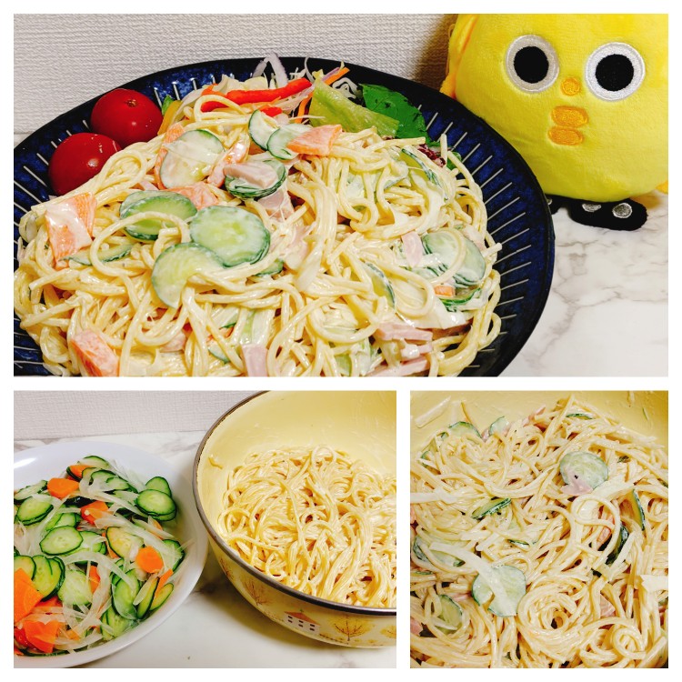 tamagayateio's tweet photo. #ジャンボたかお さんのご実家のスパサラレシピで、玉森君が「泣きそうです。美味しい！ずっと食べれます！」って言ったスパサラ作ってみましたv
野菜の量も結構凄いし、人参は茹でてるし、キュウリや玉ねぎは水にさらしたり、結構手が込んでて蜂蜜もいい感じでめっさ美味しいですｖ
#玉森裕太 https://t.co/igpL8A9NKw
