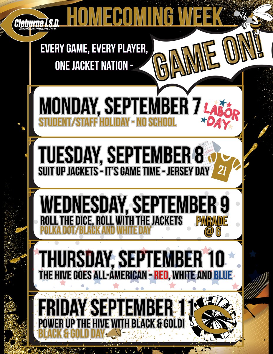 CleburneISD's tweet photo. MARK YOUR CALENDARS, JACKET NATION! 🖤💛
Homecoming Week is right around the corner, and it’s time to get ready to GAME ON! 
#CleburneISD #JacketNation #GameOn #HOCO2026 #JacketPride #ExcellenceHappensHere https://t.co/CAHRVZ3m2y