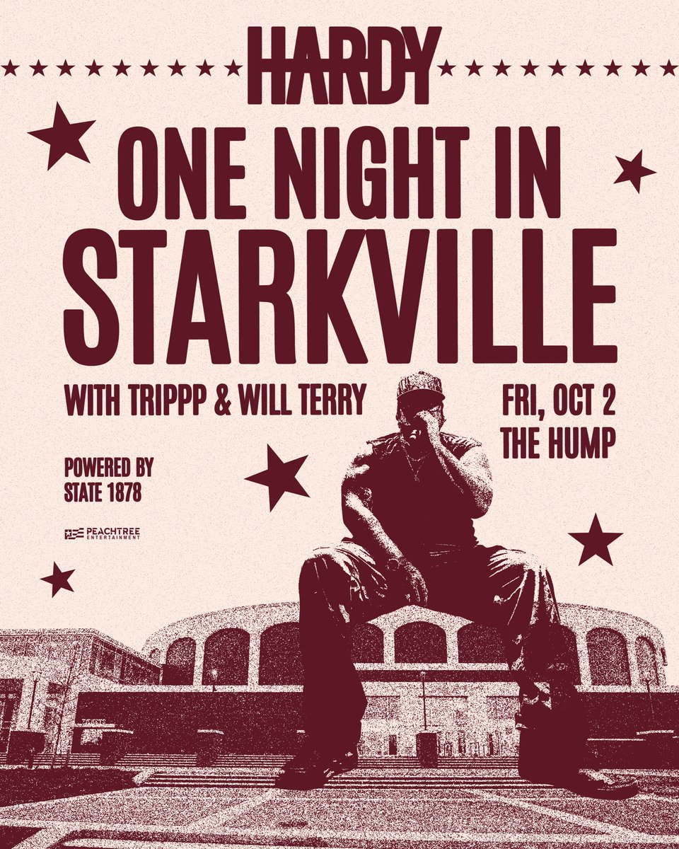 State_1878's tweet photo. 𝗛𝗔𝗥𝗗𝗬 𝗮𝘁 𝗧𝗵𝗲 𝗛𝘂𝗺𝗽

Mark your calendars, @HardyMusic is coming to rock Humphrey Coliseum on Friday, October 2, for a one-night-only show before the Bulldogs host Alabama.

https://t.co/LFTlGn1bU2 https://t.co/TTZ38yy51b