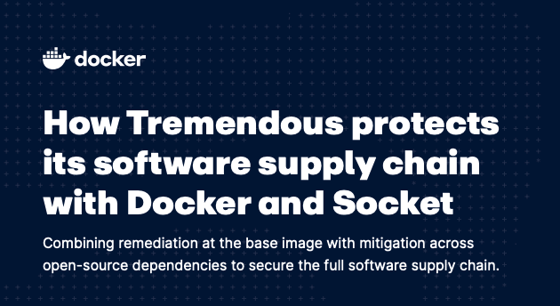 Docker's tweet photo. 90 to 97% fewer CVEs across Ruby and Node builds. 

Tremendous paired Docker Hardened Images with @SocketSecurity to secure both layers of its supply chain, base image and dependencies. POC running in week one.

Read more: https://t.co/swF9hHxgDg https://t.co/m1YKwhfHgP