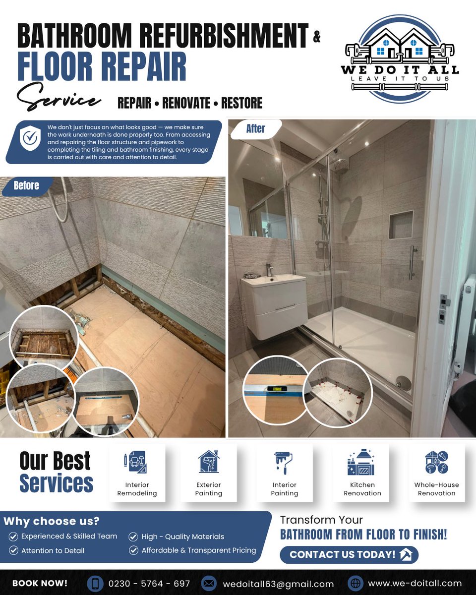 wedoitall63's tweet photo. FROM THE FLOOR UP — BUILT TO LAST. 🚿🔨

This bathroom project involved much more than a simple cosmetic upgrade. We carefully opened up the floor to access the existing structure and pipework, carried out the necessary repairs and prepared everything for a professional finish. https://t.co/66RnC6jvVK