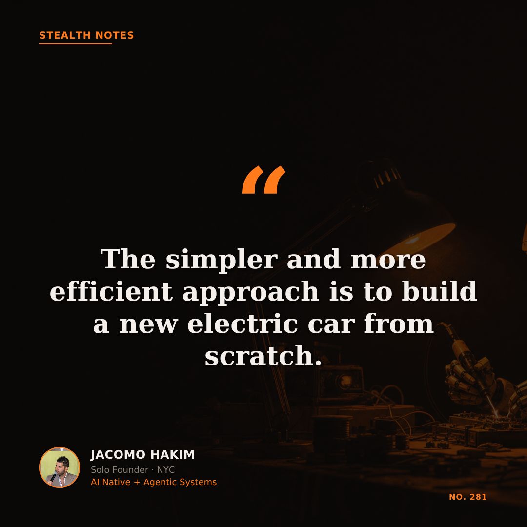 JacomoHakim's tweet photo. A gasoline car adding electric parts is a structural mess. The same goes for software.

#FutureOfWork #AgentEconomy #BuildersMindset #BuildInPublic https://t.co/rJahUKXHYt