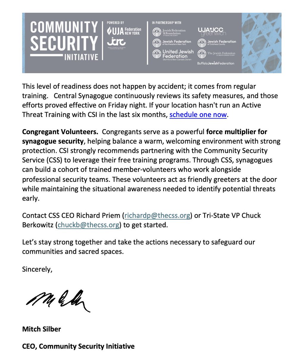 CSI_SecurityNY's tweet photo. An antisemitic attack disrupted Shabbat at Central Synagogue Friday night.

A highly trained security team responded immediately and controlled the situation in under a minute.

Preparedness works. But our goal must also be prevention — identifying threats and intervening before incidents occur.

Read CSI's latest Security Bulletin.