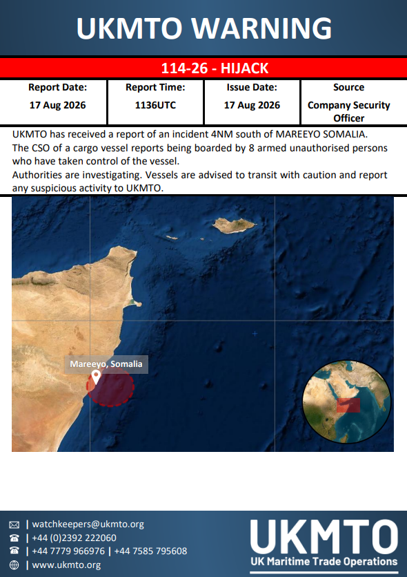 Cargo ship seized by 8 armed men off Somalia coast near Mario