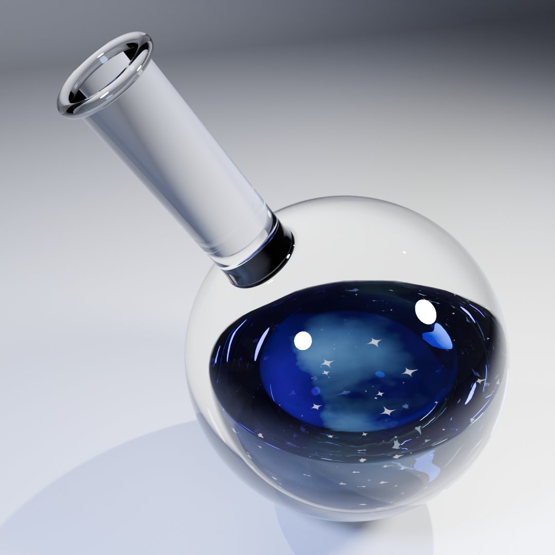 yuika768's tweet photo. 【Blender 14日目】
Blenderを始めてちょうど2週間！今日はシェーディングの勉強をしながら、夜空を閉じ込めたような神秘的なフラスコを作ってみました✨3週目も楽しみながら頑張ります！
#blender #b3d #blender初心者 https://t.co/w7XkUmE054
