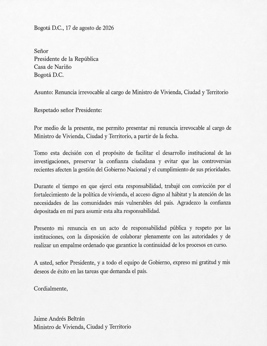 LaFacharineta's tweet photo. Hola gran hijueputa @soyjaimeandres, 

Ya que usted es demasiado vago para trabajar y debe estár cansado de las vacaciones, le paso la carta de renuncia, no la tiene ni que escribir. Tenga decencia y váyase.

¡Fuera Min Vivienda!

#FueraMinVivienda https://t.co/RTou0VAP96
