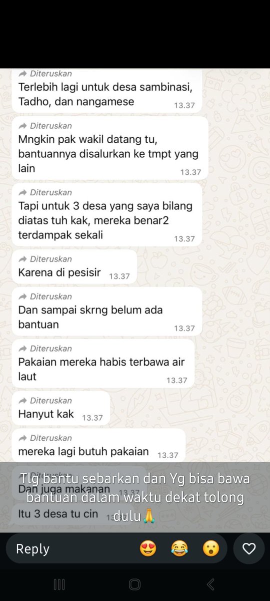 goodforra's tweet photo. Teman2 boleh minta bantu ramein 😭🙏 ini status temenku yg di NTT, harus ke mana ya nyari bantuan buat Desa Sambinasi, Desa Tadho, &amp; Desa  Nangamese 😭🙏 sedih bgt mereka belom dpt bantuan 😭💔 aku udh ijin buat share ke sini. Minta tolong ya teman2, semoga ada yg notis 😭🙏🙏 https://t.co/kMYysjG7GG