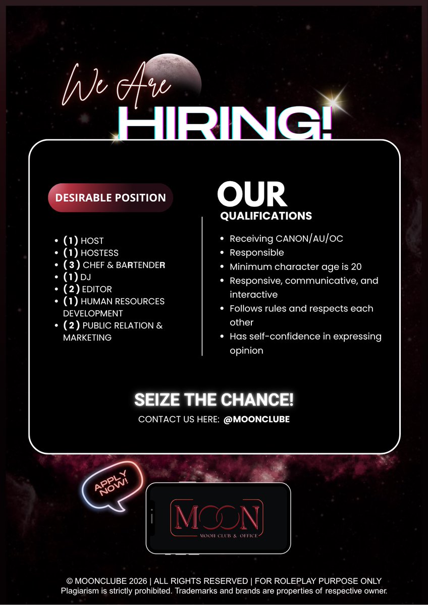 moonclube's tweet photo. 🚨 𝐎𝐏𝐄𝐍 𝐑𝐄𝐂𝐑𝐔𝐈𝐓𝐌𝐄𝐍𝐓 .ᐟ  🚨

✨ New faces. 💡 New ideas. 🔥 New energy.

We’re looking for passionate people ready to join, grow, and make their mark in @moonclube! 🤝🌟

🌙 Step up. Join us. Be part of something exciting!📩 

Applications are now open! https://t.co/kQjngv4qXg