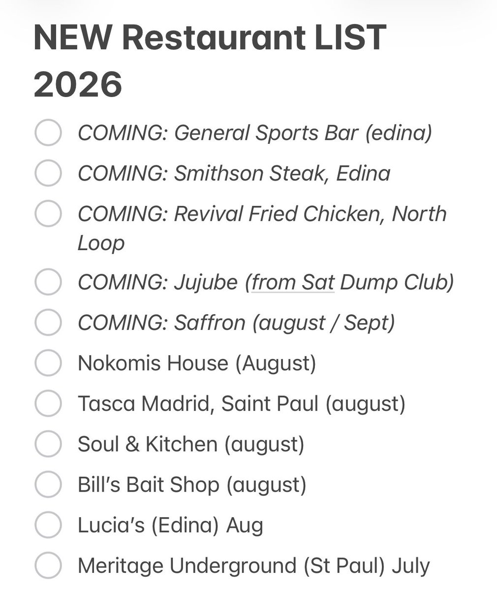 DeRushaEats's tweet photo. What’s your best new Minnesota restaurant of 2026? What am I missing on my list of candidates? https://t.co/yat1BfScAW