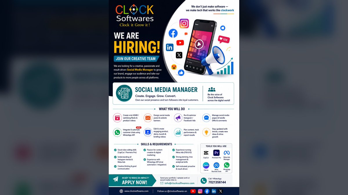 ClockSoftwares's tweet photo. Are you someone who can turn ideas into scroll-stopping content, engaging Reels and real business growth? 🎬📱

Clock Softwares is looking for a creative &amp; result-driven Social Media Manager to join our growing team! #Hiring #WeAreHiring #SocialMediaManager #SocialMediaJobs https://t.co/bP6VUizVxA