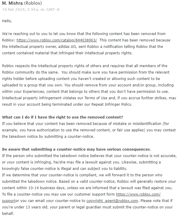 Isaac9KatGamer's tweet photo. @TvIkonic4588 Hello, my 2017 account was wrongfully terminated due to a DMCA copyright claim. Roblox did not allow me to remove the content from my account, and my account was already terminated in 2024 because of false reports. Support never helped me with this issue. :( https://t.co/kJfWoOqUmY