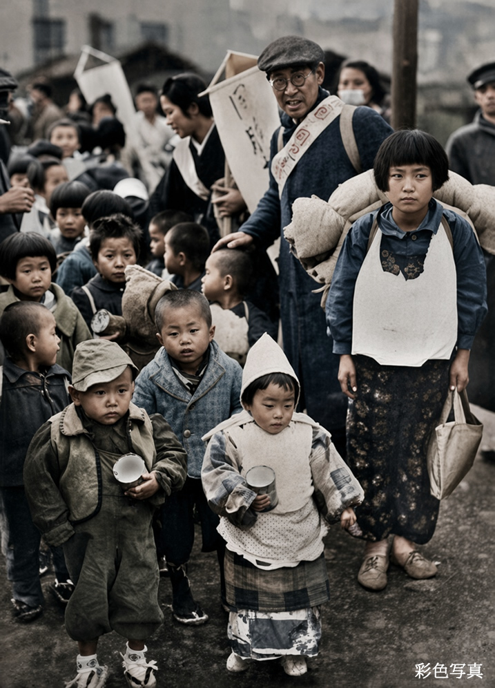 old_nippon's tweet photo. 1945年8月18日 皇帝溥儀が退位し満州国が消滅しました。
写真は、満州から品川駅へ到着した引き揚げ孤児たち。両親の遺骨を抱いた12歳の少女、満鉄社員遺児の6人兄妹など、子供たちの姿が写されています。
子供たちは、上野の「同胞援護婦人連盟ホーム」に身を寄せ、引き取り先を待ちました。彩色写真 https://t.co/2NgpFKQCxU