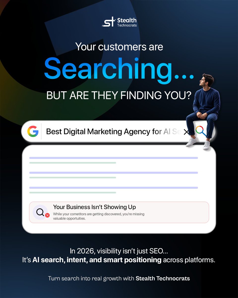 StealthtechST's tweet photo. Google isn’t the only place customers search in 2026. 

🔎 Win visibility across SEO, AI Search &amp; more. Because getting found is good, but getting chosen is better. 🚀 

#SEO #AISearch #DigitalVisibility https://t.co/Rc0k3pgNnP