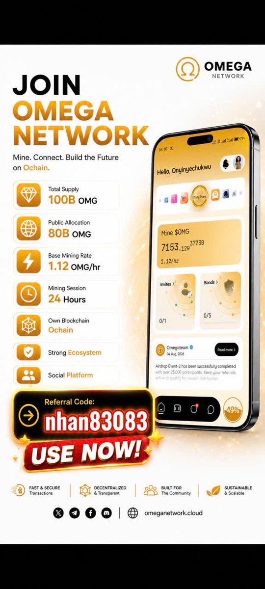nhan830083's tweet photo. THAM GIA MẠNG LƯỚI OMEGA
🔥 Tổng Nguồn Cung: 100B OMG
🌍 Phân Bổ Công Khai: 80B OMG
⚡ Tỷ Lệ Đào Cơ Bản: 1.12 OMG/giờ
⏰ Phiên Đào: 24 Giờ
✨ Blockchain Riêng: Ochain
✅ Hệ Sinh Thái Mạnh Mẽ 
👉 Mã Giới Thiệu: nhan830083
📲 Tải Xuống  👇
https://t.co/NHIFjkKtOL… https://t.co/agf6lxyCuo