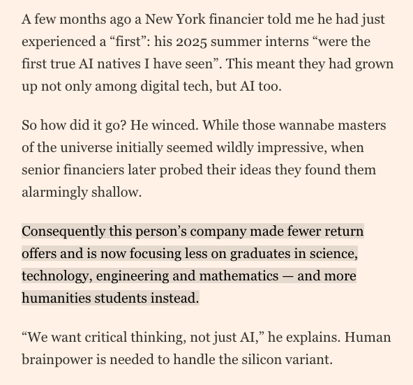 buccocapital's tweet photo. The most important thing you can do over the next few years is REFUSE to outsource your critical thinking to AI 

For all the ink spilled about the humanities being dead, if AI makes "what to ask" and "how to interpret" core skills, humanities students are quite well positioned https://t.co/RkU9UWD0YM
