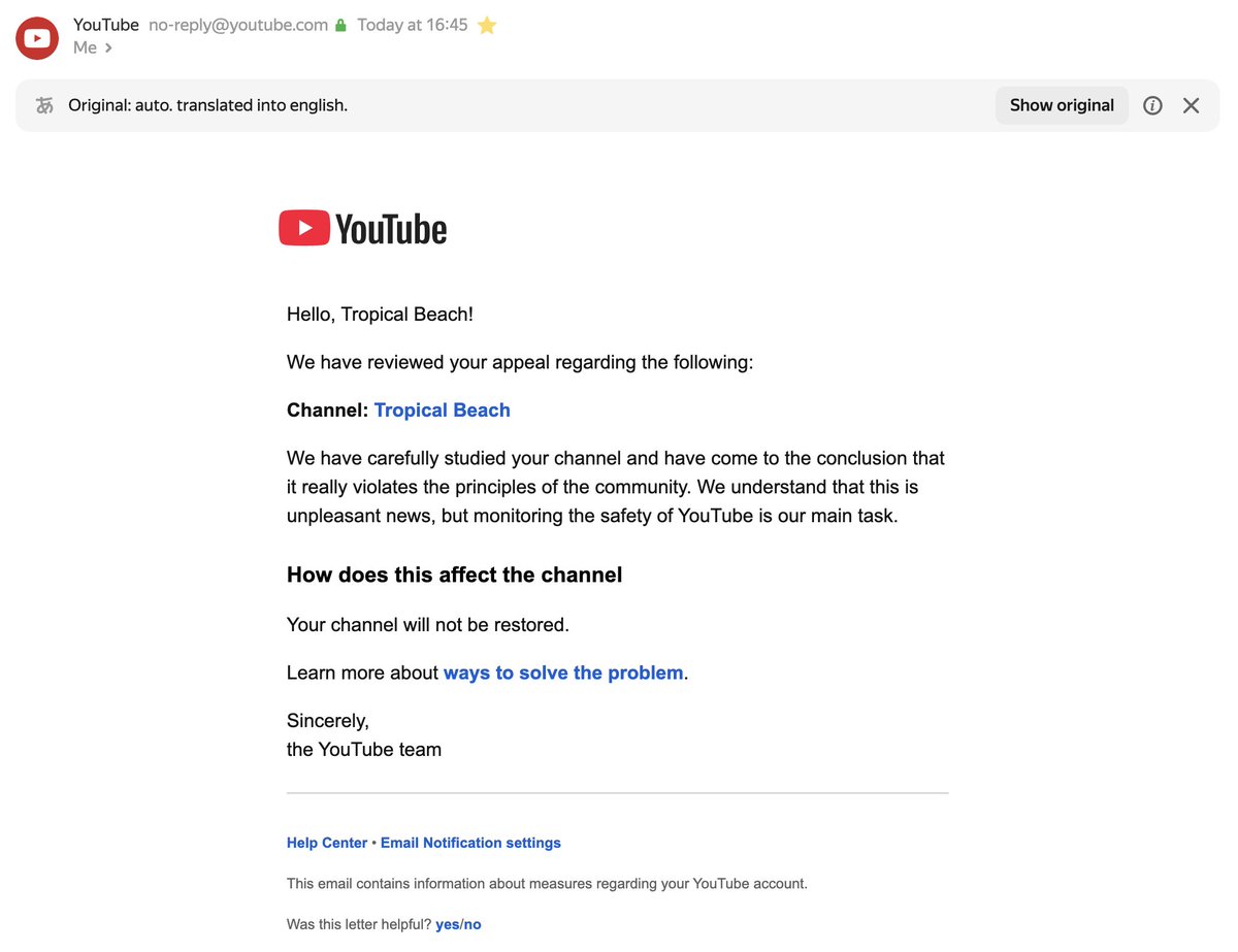 TropicalBeach4k's tweet photo. Dear @TeamYouTube, I have just submitted an appeal regarding my deleted channel Tropical Beach (it was removed a few hours ago). I immediately received a rejection of the restoration request. This is an absurd system error. I have been working on YouTube for many years and have never violated your principles or platform rules.

I kindly ask you to carefully review my situation and restore the channel. I am ready to provide any evidence that I conscientiously carry out my work on YouTube.

Best regards, Ilia 
#youtube