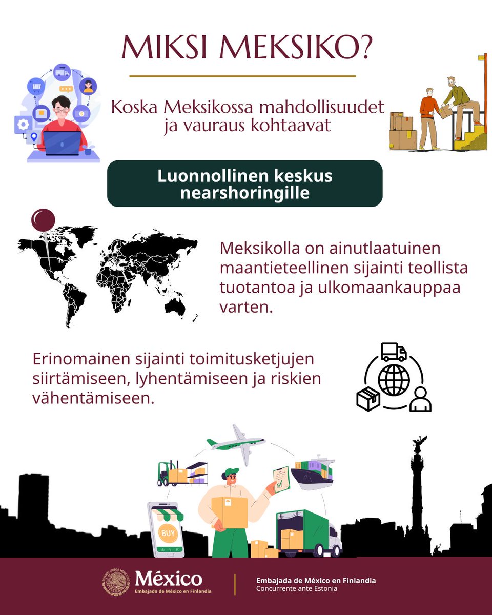 EmbaMexFin's tweet photo. FIN
Miksi Meksiko? 🇲🇽
Tutustu Meksikon tärkeimpiin vahvuuksiin sijoituskohteena ja liiketoiminnan strategisena alustana.
ENG
Why Mexico? 🇲🇽
Learn about Mexico’s key strengths as an investment destination and strategic platform for business.
#WhyMexico https://t.co/eaq3NKeuv3