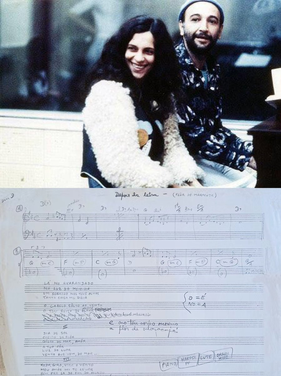 GalCosta's tweet photo. 🌸 Flor de Maracujá, de @joao_donato e Lysias Enio para Gal Costa

O rascunho da partitura de Flor de Maracujá, com anotações a lápis dos compositores João Donato e Lysias Enio, registram uma obra ainda em construção.

João Donato compôs o tema em homenagem à cantora Gal Costa, a quem carinhosamente chamava de flor de maracujá, e pediu ao irmão letrista Lysias que se encarregasse da poesia. A canção foi gravada por Gal no LP “Cantar”, em 1974.

Fonte: @instituto.joaodonato