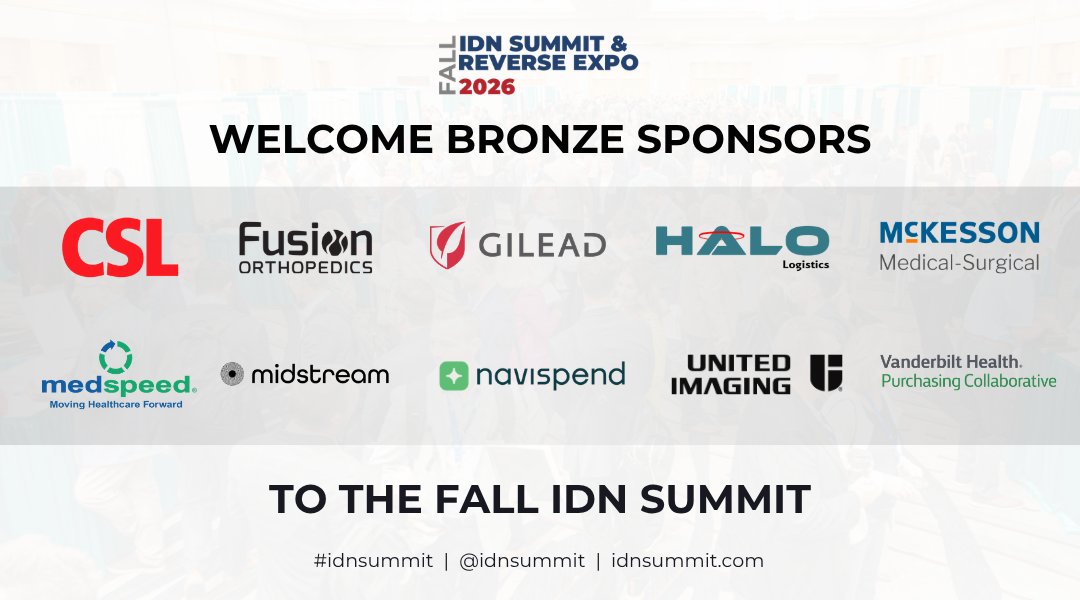 IDNsummit's tweet photo. Welcome @CSL, @Fusion_Ortho, @GileadSciences, Halo Logistics, @McKesson, @MedSpeed, Midstream Health, Navispend, @UnitedImagingCo, and @VHPurchasing as 2026 Fall IDN Summit Bronze Sponsors. #IDNSummit #HealthcareSupplyChain #HealthcareLeadership

We look forward to seeing you in Phoenix from August 31 – September 2, 2026 at the JW Marriott Phoenix Desert Ridge.

Register Now at https://t.co/3PaqMcBjNW