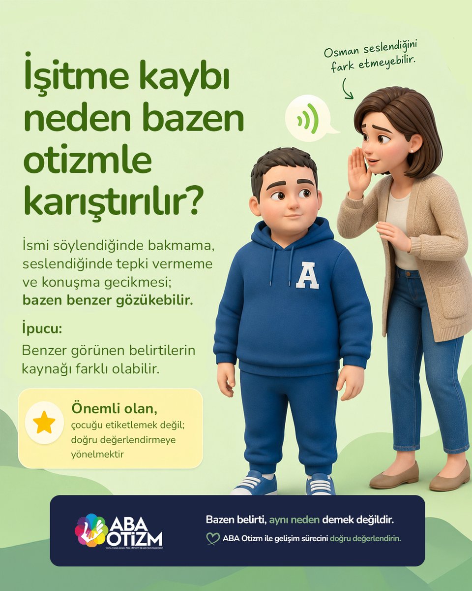 abaotizm's tweet photo. Benzer belirtiler, aynı neden anlamına gelmez.

Doğru değerlendirme, doğru desteğin ilk adımıdır.

#abaotizm #otizm #otizmfarkındalığı #işitmekaybı #çocukgelişimi https://t.co/4Mug9wH74F