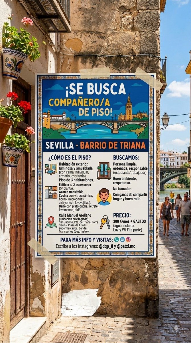 Dqp_8's tweet photo. Se busca compañero de piso en Triana. Más información MD.

#pisosevilla #sevilla #alquiler https://t.co/b10ozPJVKw