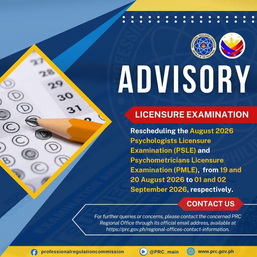 trustineee's tweet photo. FOR #rpmtwt: The (PRC) informs all concerned examinees that the August 2026 Psychologists Licensure Examination (PSLE) and Psychometricians Licensure Examination (PMLE), scheduled on 19 and 20 August 2026, respectively, are RESCHEDULED to 01 and 02 September 2026, respectively. https://t.co/Ex99E0iD2t