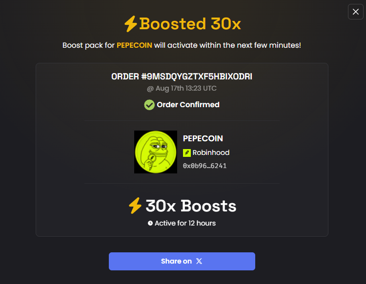 PepecoinonRH's tweet photo. 30x DEX boost🔥 https://t.co/9VmLmtzzFk