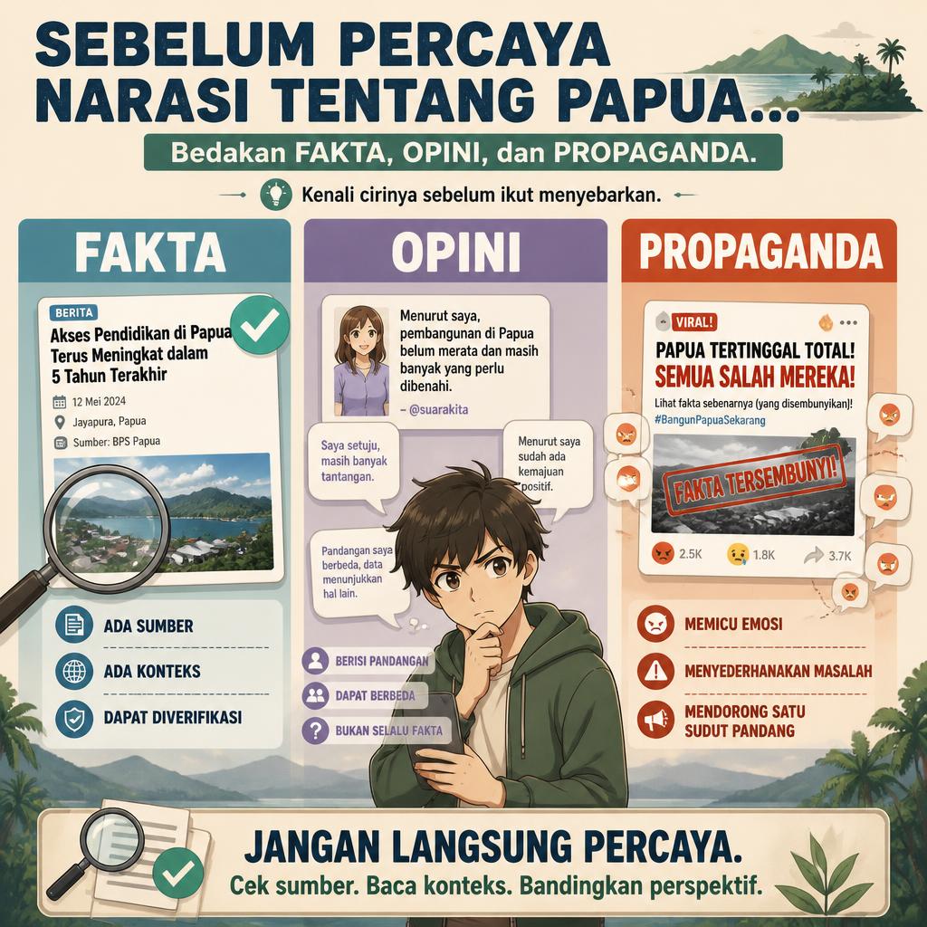 staycleanguys's tweet photo. sebelum percaya narasi tentang papua biasakan membedakan fakta opini dan propaganda. jangan mudah tersulut konten provokatif yang sengaja dibuat untuk memicu emosi. selalu cek sumber baca konteks dan bandingkan perspektif. https://t.co/f6k3d606Yn