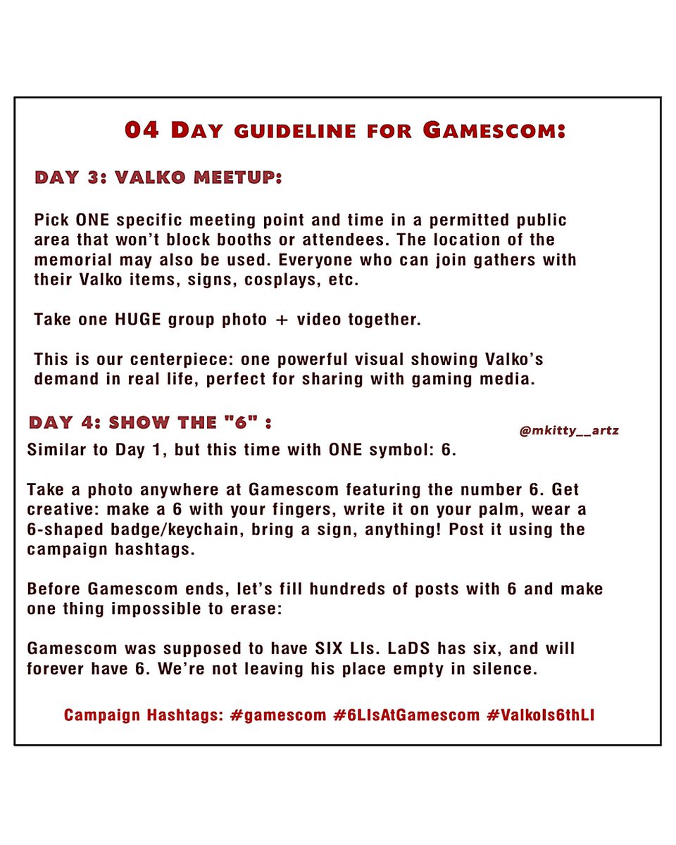 mkitty__artz's tweet photo. ‼️ ATTENTION GERMAN HUNTERS & EVERYONE ATTENDING GAMESCOM 2026! ‼️LaDS is attending Gamescom without addressing our situation. But this is our opportunity to turn it into our biggest in-person Valko demonstration yet. #gamescom
#6LIsAtGamescom
#ValkoIs6thLI https://t.co/cEDoDJHEYS