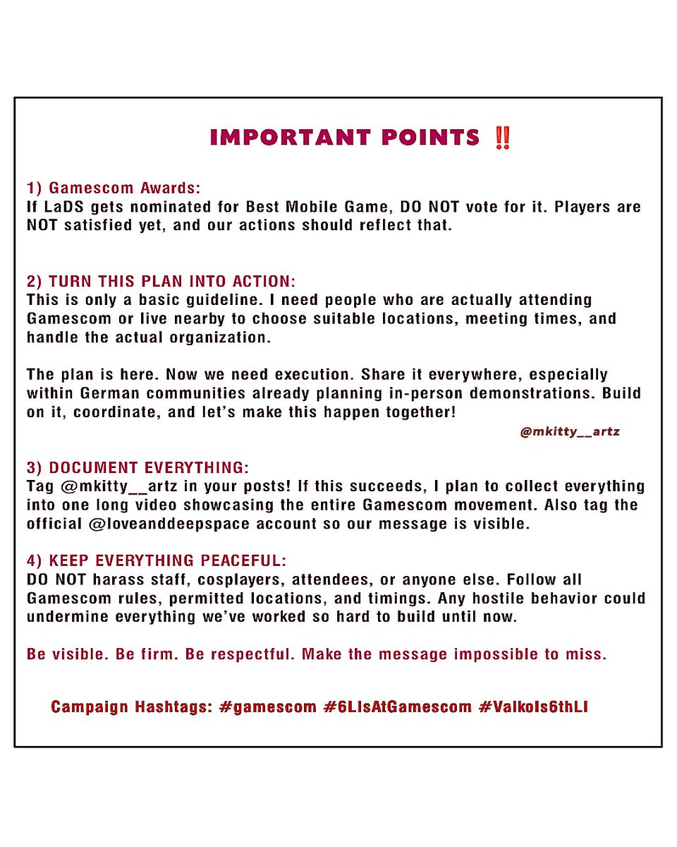 mkitty__artz's tweet photo. ‼️ ATTENTION GERMAN HUNTERS & EVERYONE ATTENDING GAMESCOM 2026! ‼️LaDS is attending Gamescom without addressing our situation. But this is our opportunity to turn it into our biggest in-person Valko demonstration yet. #gamescom
#6LIsAtGamescom
#ValkoIs6thLI https://t.co/cEDoDJHEYS
