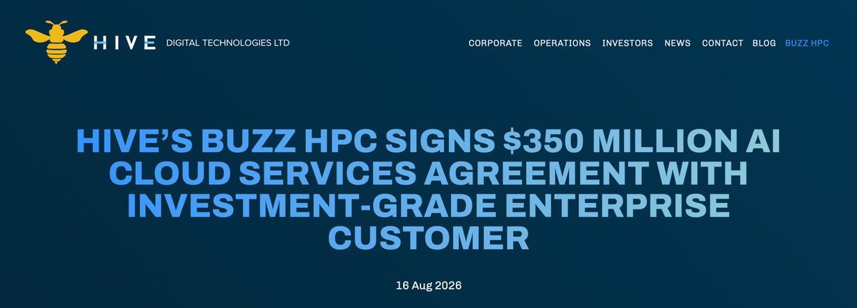 McnallieM's tweet photo. 🚨 @HIVEDigitalTech's @BUZZHPC Lands $350M AI Cloud Deal 🚨

⚡ $350M total contract value — five-year agreement with an investment-grade enterprise customer, adding ~$70M ARR

⚡ $180M total BUZZ ARR now — combining ~$35M live today with ~$145M in contracted ARR expected online through Q4 2026

⚡ 2,016 @nvidia Blackwell Ultra GPUs — deployed in GB300 NVL72 rack-scale systems at @Bell AI Fabric's Merritt, BC facility, running on 100% renewable hydroelectric power

⚡ ~10% upfront deposit — roughly $35M received against $185M in expected capex, with hive:native retaining full ownership of the infrastructure post-deployment

⚡ $500K daily HPC/AI revenue targeted — once the cluster deploys in Q4 2026, marking a major step toward hive:native's $200M year-end ARR target