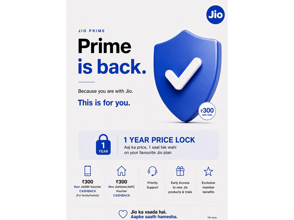 stufflistings's tweet photo. Reliance Jio has introduced Jio Prime.

It will cost Rs 300, and will protect users from recharge price hikes for 12 months. https://t.co/201c10xMYM