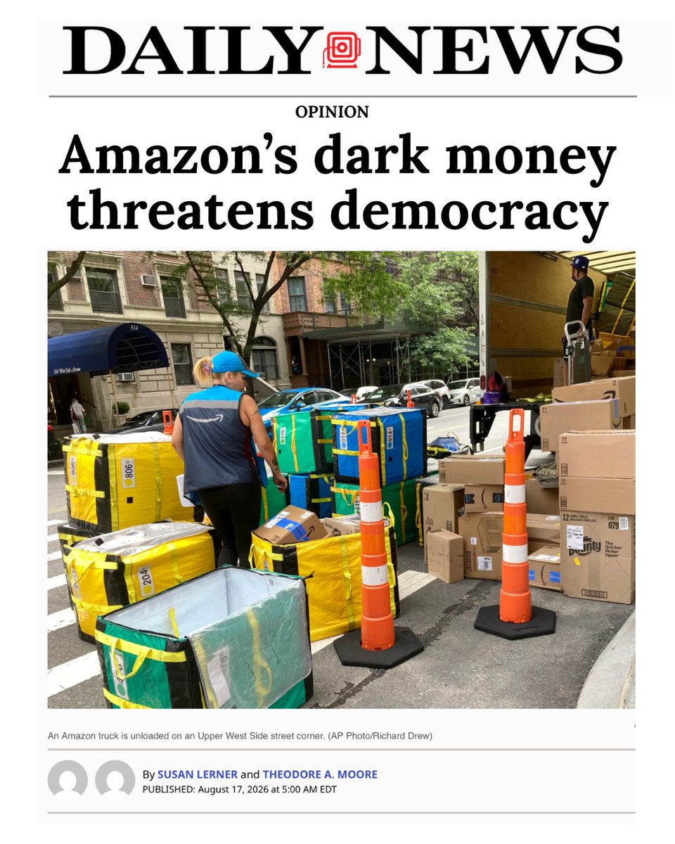 ALIGNny's tweet photo. Amazon is spending millions pretending to be a small business coalition to oppose the Delivery Protection Act. 

This dark money is a threat to our democracy. 

New op-ed by Executive Director @MooreProgress and Susan Lerner of @CommonCause: https://t.co/qMIqkUxxY9 https://t.co/DSaMi2clLd