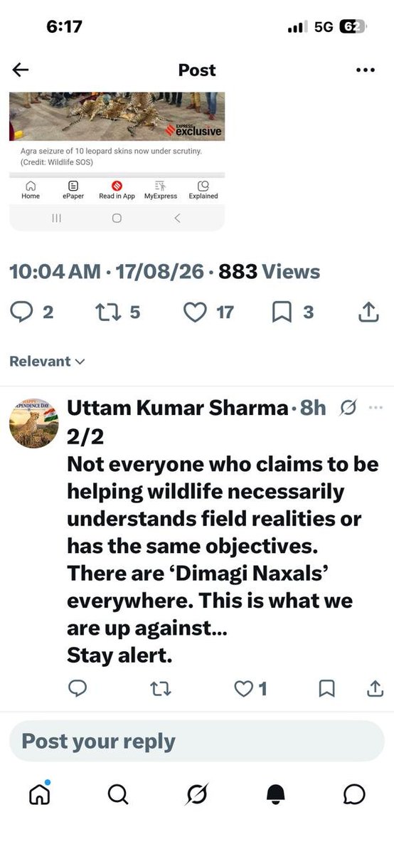 Ajaydubey9's tweet photo. A government servant(IFS) failed to prevent leopard poaching in Kuno National Park, yet in violation of service rules, he is issuing statements about "intellectual Naxals."

​It should be remembered that when this failed officer was posted at Panna Tiger Reserve, a radio-collared tiger was poached, and he only found out a month later.
​After violating the Right to Information Act , he is now taking his senior officer along in an illegal attempt to influence the four ongoing cases registered against him.
​Now, driven by frustration, this officer—who labels those asking questions(activists and local aam admi) as #dimagi_Naxals —will have to pay the price for taking on the public.
​The law will take its course.
@PMOIndia
@CMMadhyaPradesh 
@moefcc 
@ntca_india 
@WCCBHQ 
@BJP4India 
@INCIndia 
@alindchauhan 
@MehulMalpani