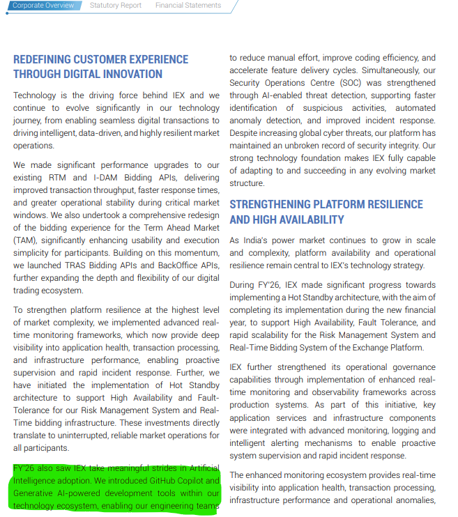 EquityValueIn's tweet photo. IEX 2026 annual report , my notes and thoughts 

1)Theme of  transformation is reshaping three critical elements of DISCOM operations: the timing of procurement decisions, the scheduling of State-allocated generation, and the daily optimization of supply-demand balance ( state discoms are increasingly using IEX not as a one time need but more of a long term planning partner , more important for many state discoms that are pivoting to profitability ) 

2) Mapping the IGX and ICX story , from exchange to the whole energy market ecosystem being built 
In January 2026 IGX also signed a memorandum of understanding with Hindustan Petroleum Corporation Limited (HPCL) to develop regasification booking platform to enable market-driven booking of storage and regasification services at HPCL’s Chhara LNG Terminal.

3) On market coupling, CERC issued draft regulations in April 2026 proposing Grid India as the Market Coupling Operator. We continue to engage actively with the regulator, and through the legal process where warranted, to ensure that any structural change strengthens, rather than dilutes, the price discovery and efficiency that competitive markets have delivered for participants

broadly the whole story remains the same folks , over the long term if even if there is competition , incrementally the story for IEX remains very good in my opinion , I think they are focusing on positioning on capturing the incremental profitabilty on the table by creating a larger ecosystem of exchanges rather than just 1 , intersting times ahead here in my opinion