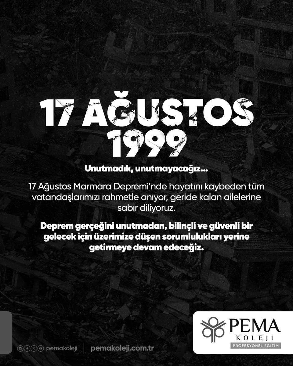 pemakoleji's tweet photo. 17 Ağustos 1999 Marmara Depremi’nde hayatını kaybeden vatandaşlarımızı rahmetle anıyoruz.

#17Ağustos #MarmaraDepremi #17Ağustos1999 #Unutmadık https://t.co/RS6ko0KWjk