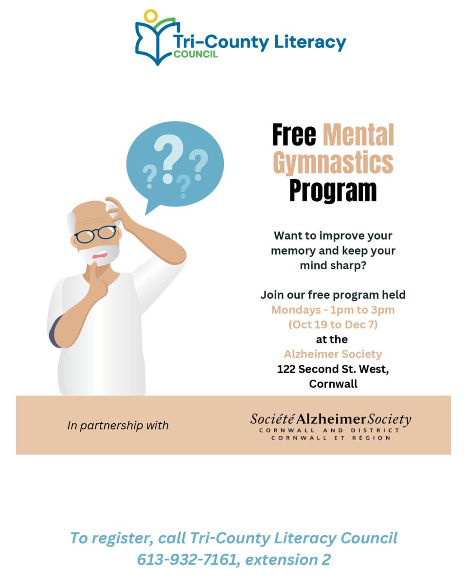 Alz_Cornwall's tweet photo. 🧠 𝙁𝙧𝙚𝙚 𝙈𝙚𝙣𝙩𝙖𝙡 𝙂𝙮𝙢𝙣𝙖𝙨𝙩𝙞𝙘𝙨 𝙋𝙧𝙤𝙜𝙧𝙖𝙢!

We're excited to partner with our friends at Tri-County Literacy Council to offer a FREE Mental Gymnastics Program! https://t.co/YFyifaPm52