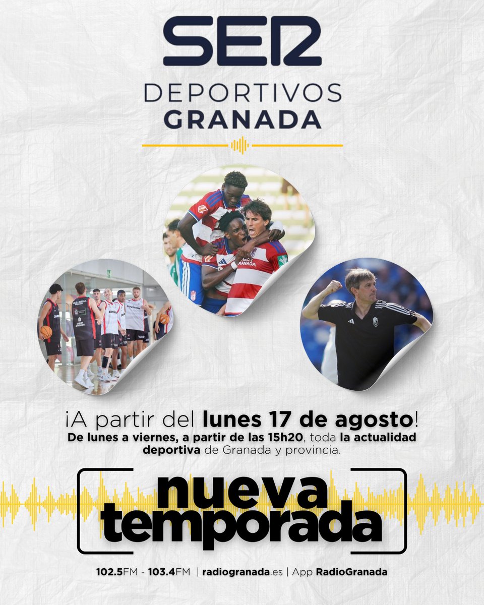 SerDeportivosGR's tweet photo. Ya estamos de vuelta... ¡comienza #SERDeportivosGr!
Con toda la actualidad deportiva de la provincia, los protagonistas y los sonidos del momento.
¡Súbete a #laRADIOenColor!
📻 102.5-103.4 FM
🖥 https://t.co/Q9kXFziUxN
📲 App @radiogranada https://t.co/OOku8Syv4S
